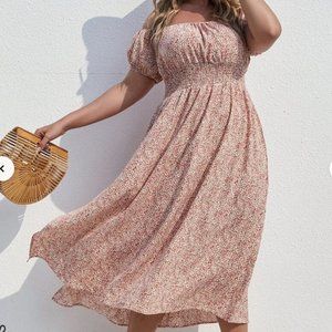 Shein Plus Ditsy Floral Print Shirred Waist Bardot Dress Size 1X - Never Worn